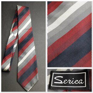 Vintage Serica Mens Silk Striped Repp Tie Red Navy & Gray Diagonal Office